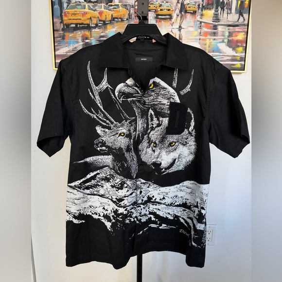 Diesel Other - Diesel “Only The Brave Wolf Mountain” Button Up Shirt Mens Size L Black Rare EUC